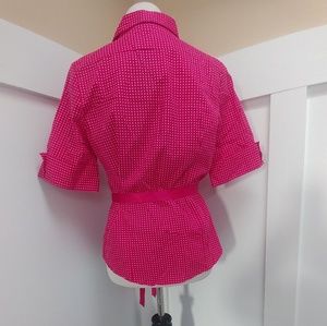 Antilia Femme Tops - Hot Pink & Polka Dot Button Up w/ Satin Ribbon Antilia Femme Tops - Hot Pink & Polka Dot Button Up w/ Satin Ribbon